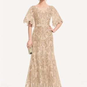 JJs House Champagne Sheath/Column Scoop Illusion Floor-Length Lace Evening Dress